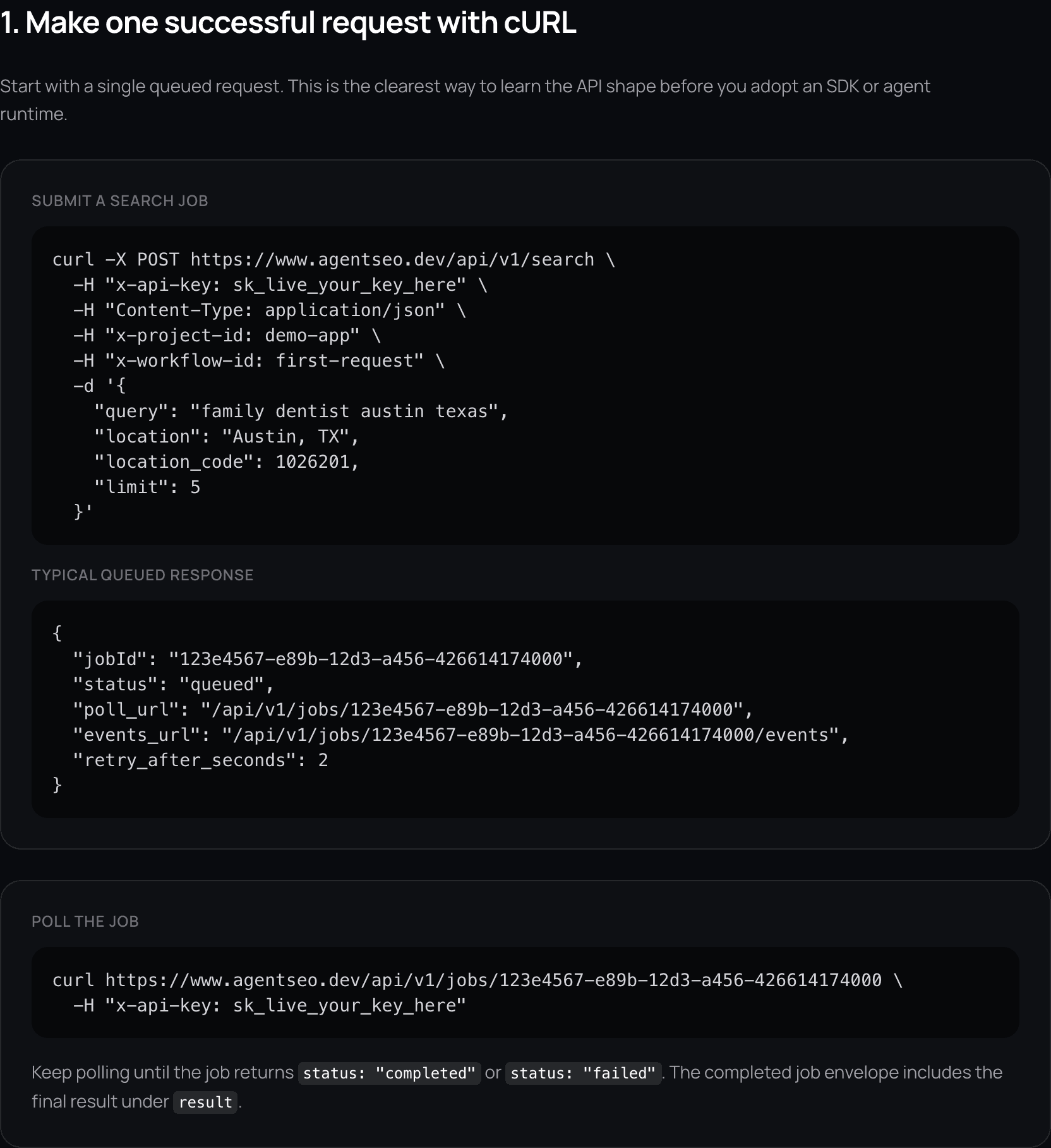AgentSEO quickstart docs showing a first request, queued response, and poll flow in a concise documentation layout.