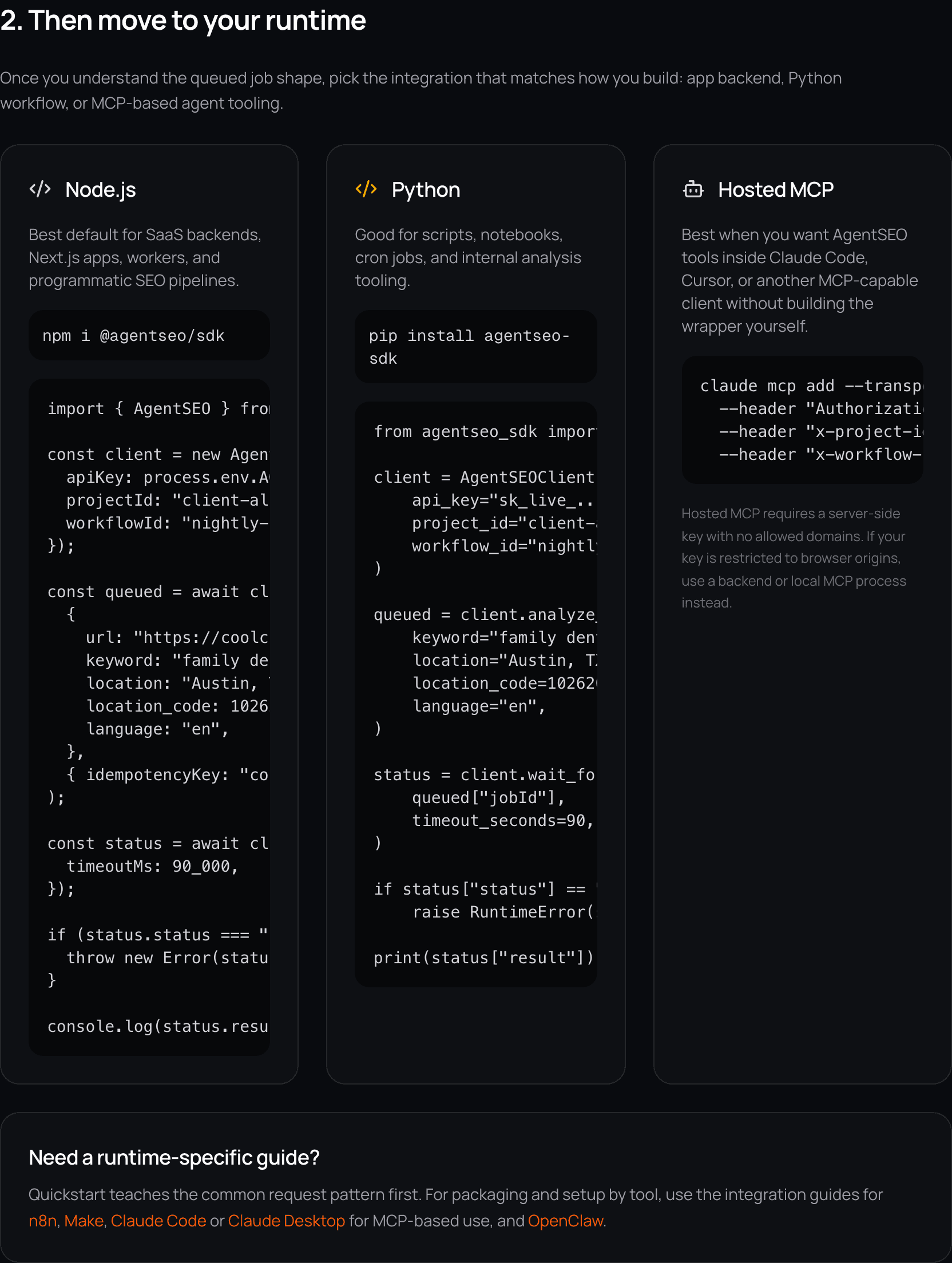 AgentSEO quickstart showing Node.js, Python, and Hosted MCP runtime options.